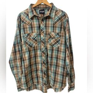 WRANGLER retro pearl snap long sleeve western shirt XXL green brown